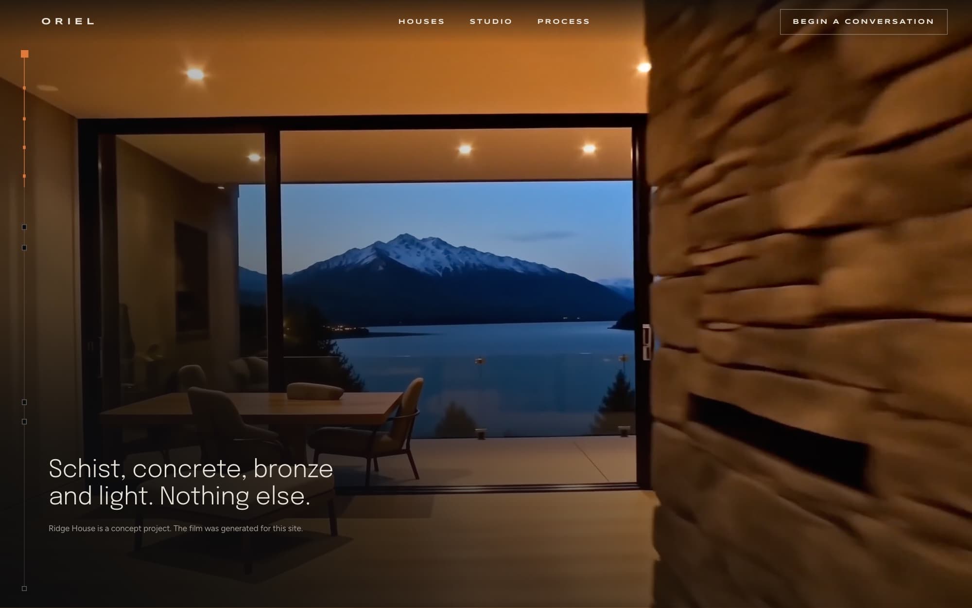 Oriel: inside the Ridge House, schist and glass facing the lake.