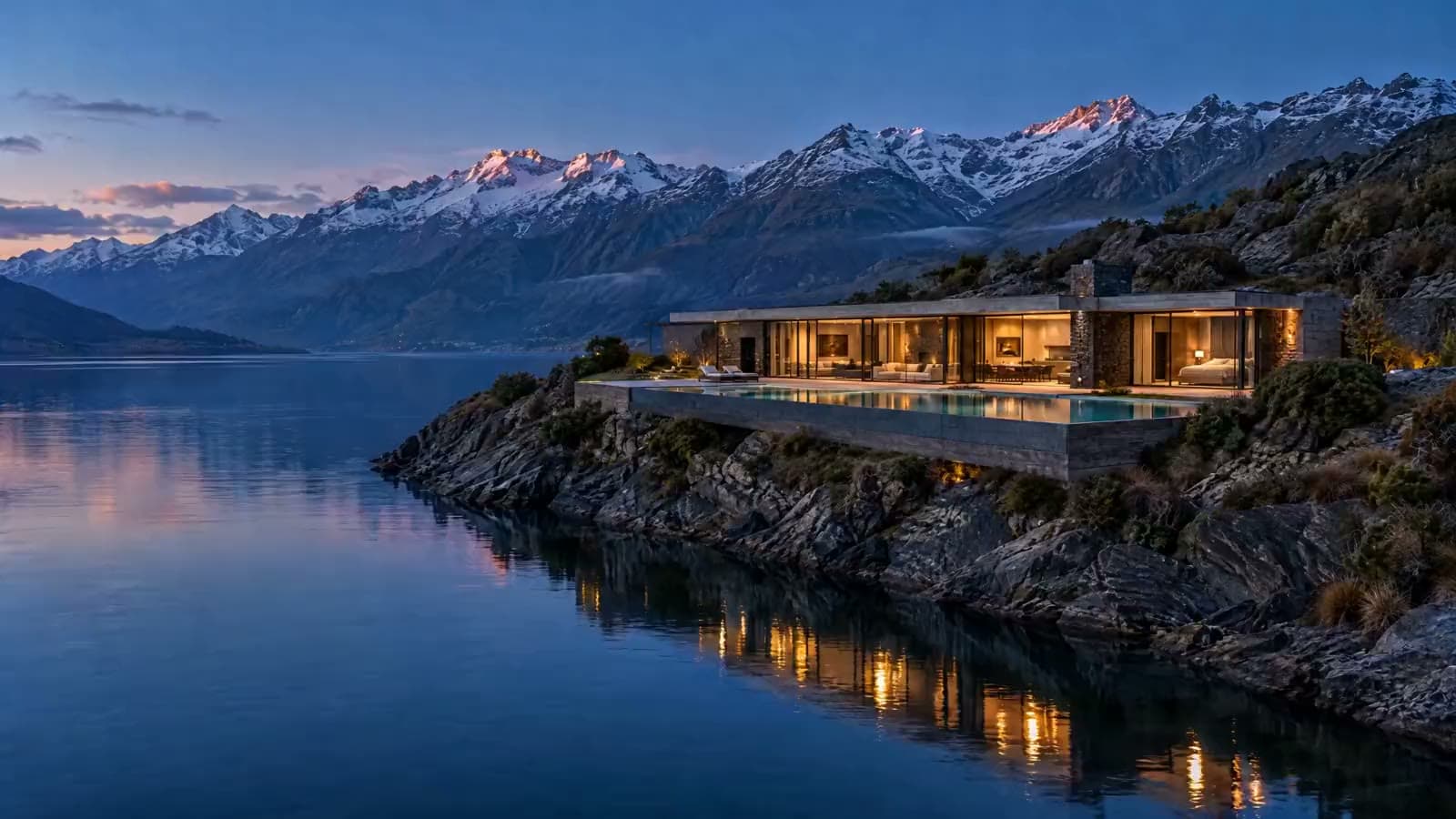 Film still: a concrete and glass house on a schist ridge above an alpine lake at blue hour.