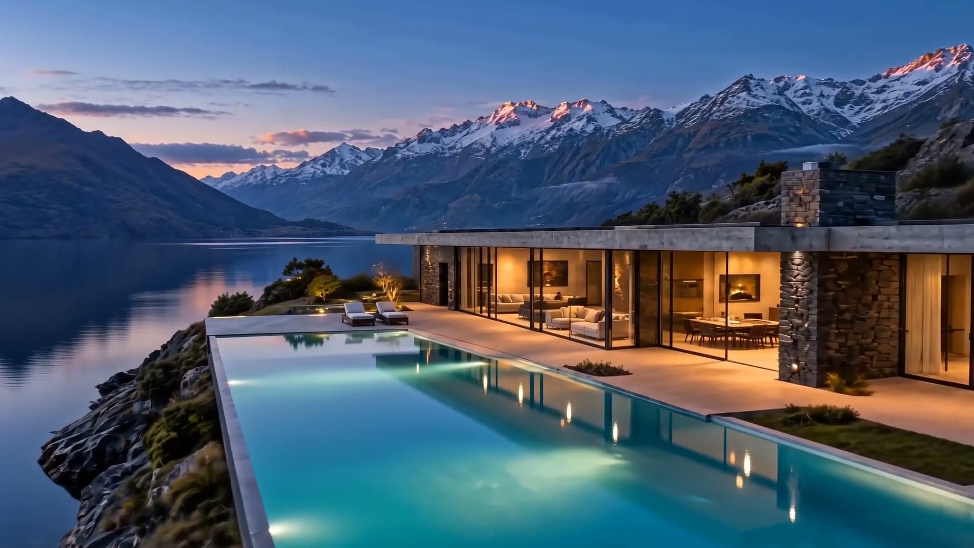 Film still from the Oriel concept: an infinity pool and glass house above an alpine lake at dusk.