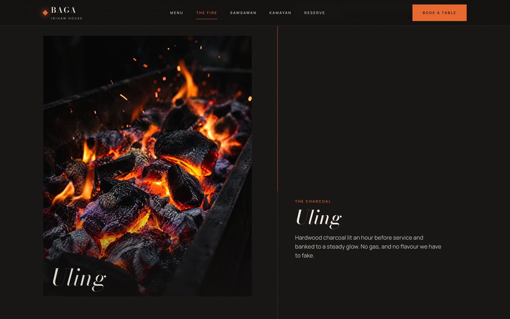 Baga: Uling, hardwood charcoal banked to a glow.
