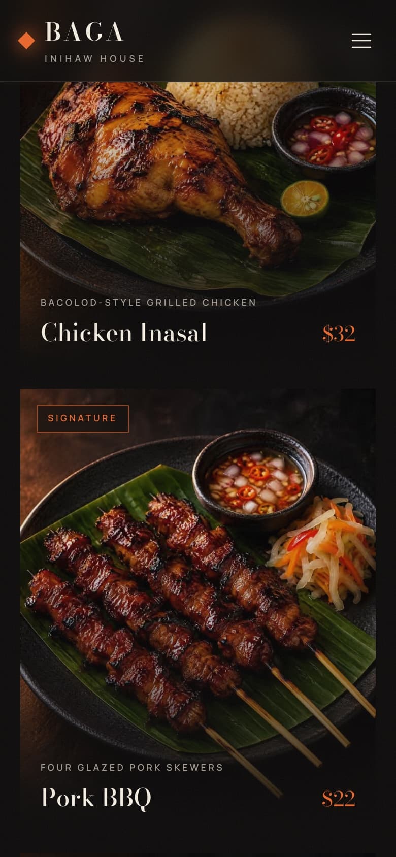 Baga on a phone: chicken inasal and pork BBQ.