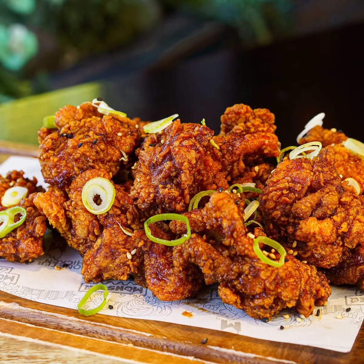 Galbi BBQ glazed Korean fried chicken with spring onion